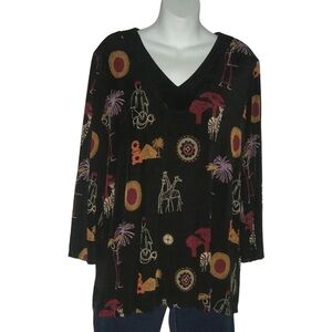 Vintage Top Slinky Brand African Safari Blouse Black USA Made Animal Soft Sz M
